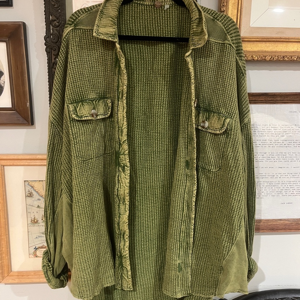 Free People Olive Green Overshirt Jacket - Casual Waffle Shirt We The Free